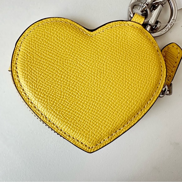 Coach Retro Yellow & Silver Leather Zip Heart Coin Case Bag Charm New - Picture 4 of 9
